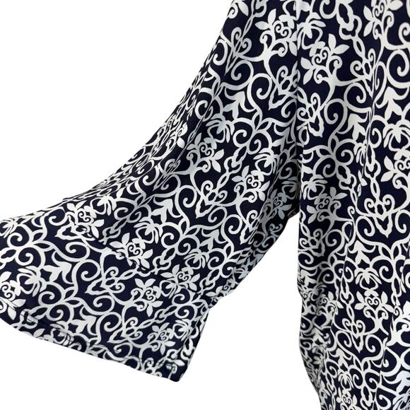 Dressbarn 3X-Large Top Geometric Stretch 3/4 Bell Sleeve Boat Neck Zip Navy Blue - Picture 3 of 10